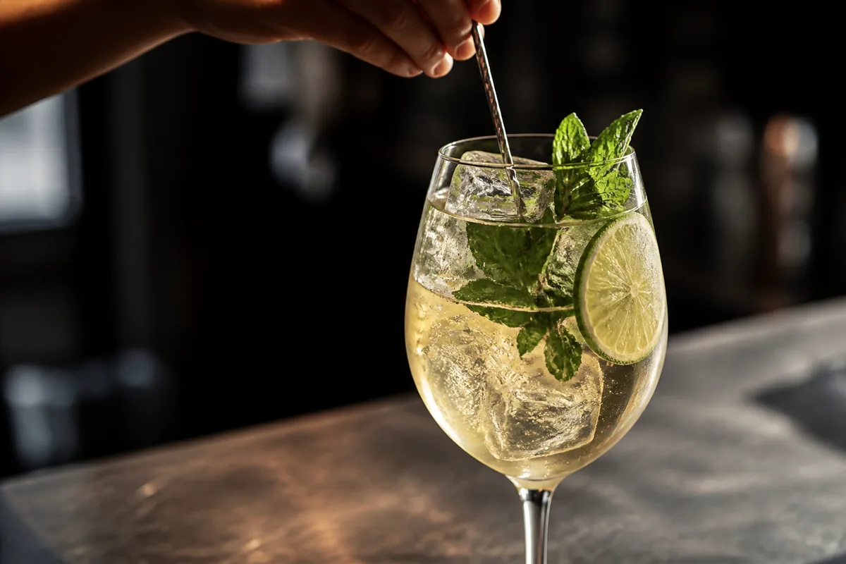 Spritz Hugo pâle servi sur glace avec menthe fraîche et rondelle de citron vert