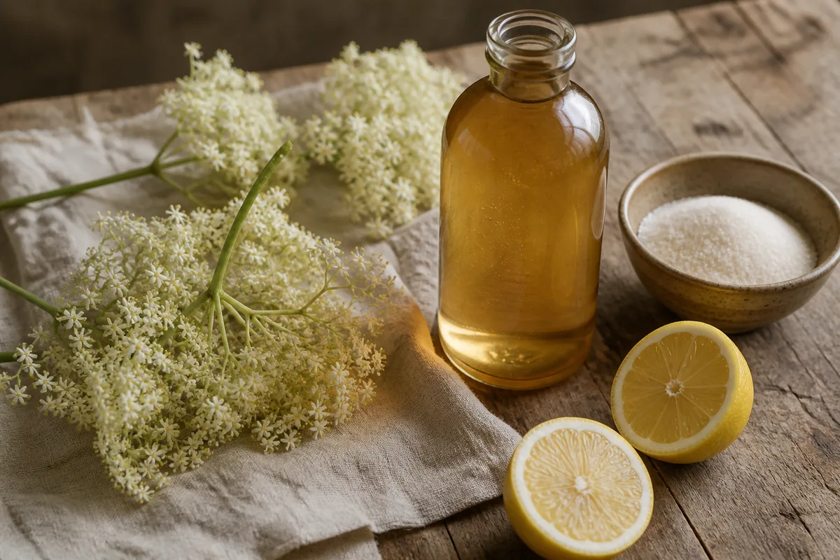 Ombelles de fleurs de sureau fraîches posées près d&rsquo;une bouteille de sirop artisanal