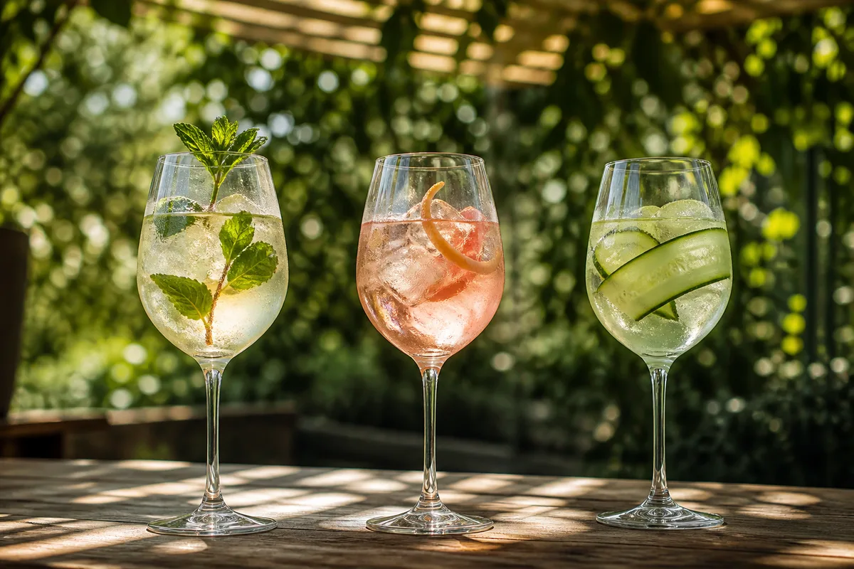 Trois variantes de spritz Hugo alignées sur une table en terrasse ombragée