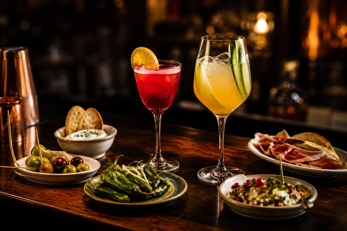 Petites assiettes de tapas disposées autour de deux cocktails colorés