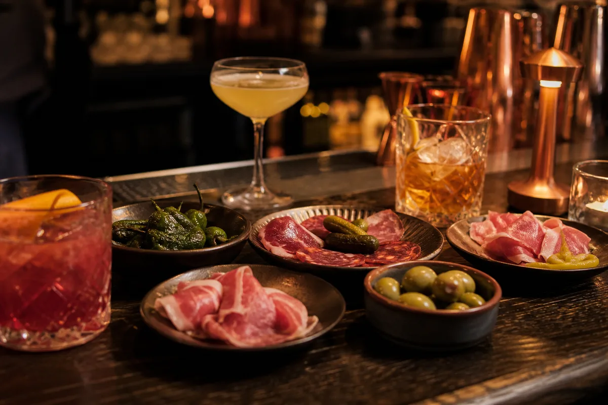 Comptoir de tapas avec assiettes de charcuterie et verres à cocktail