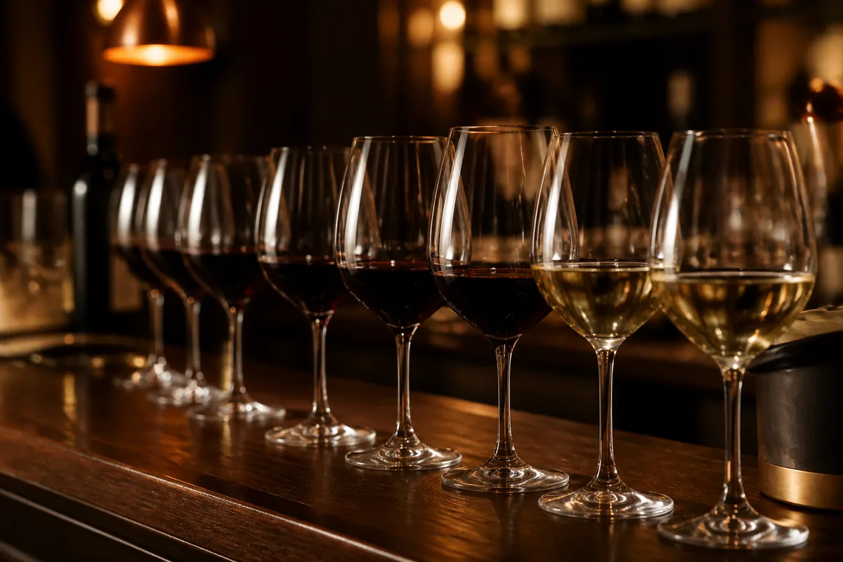 Verres de vin rouge et blanc alignés sur un comptoir de cave à manger