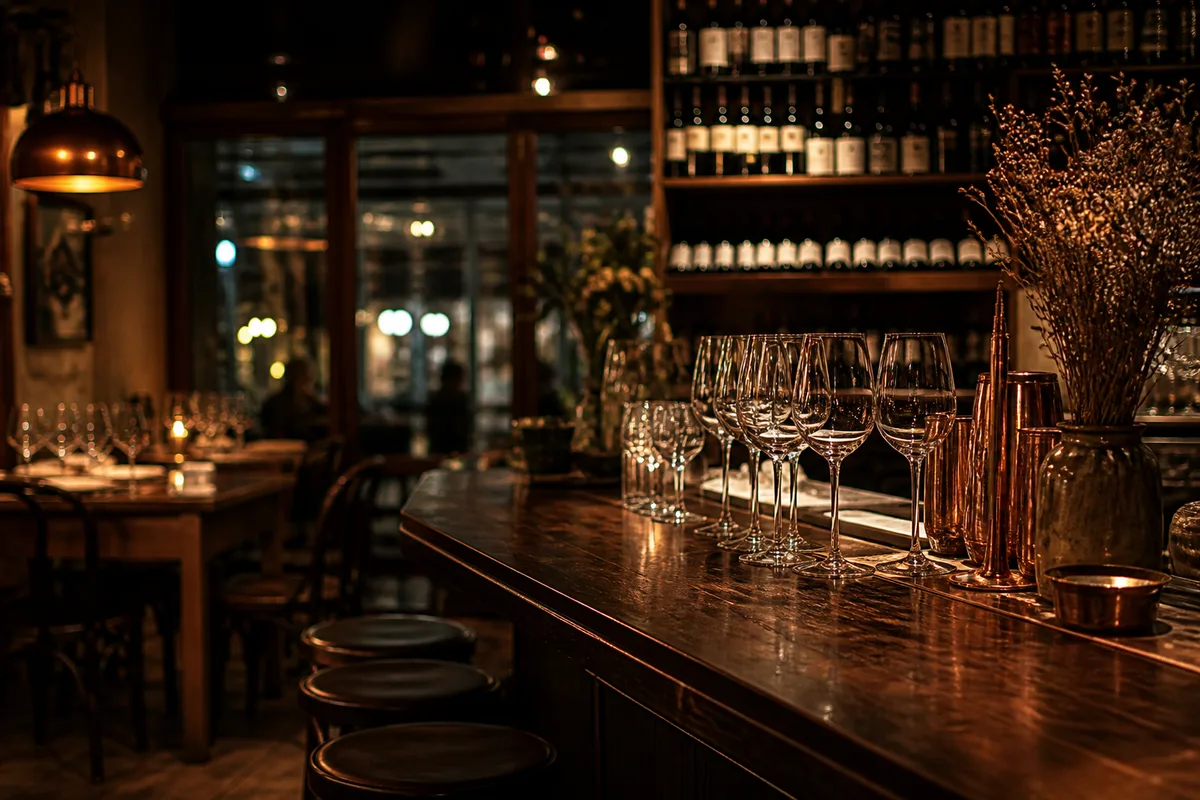 Salle de bar à vins avec tables en bois et bouteilles au mur
