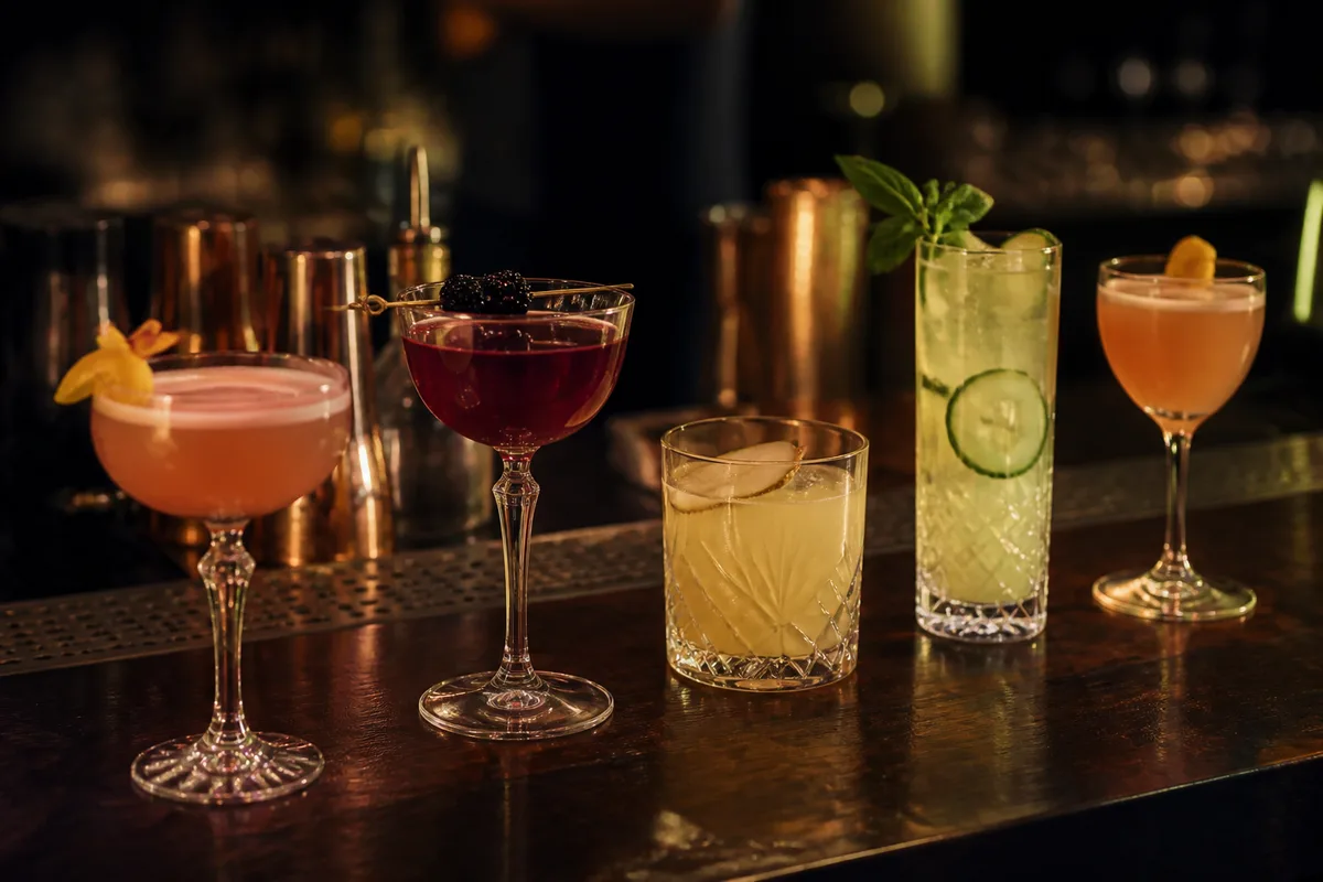 Comptoir de bar à cocktails éclairé en soirée avec verres alignés