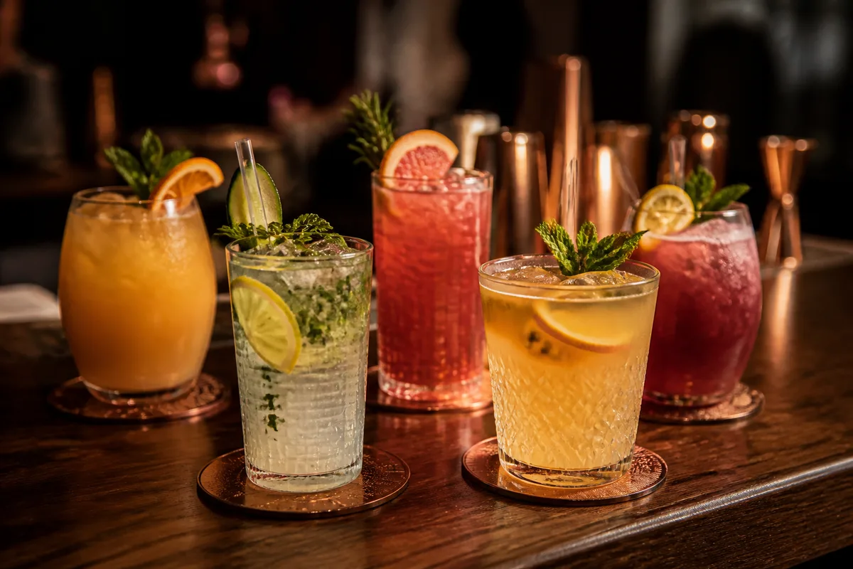 Cocktails sans alcool colorés préparés avec des jus frais et des herbes