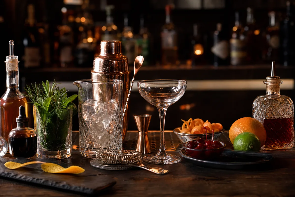 Ingrédients et ustensiles pour préparer des cocktails classiques sur un plan de travail
