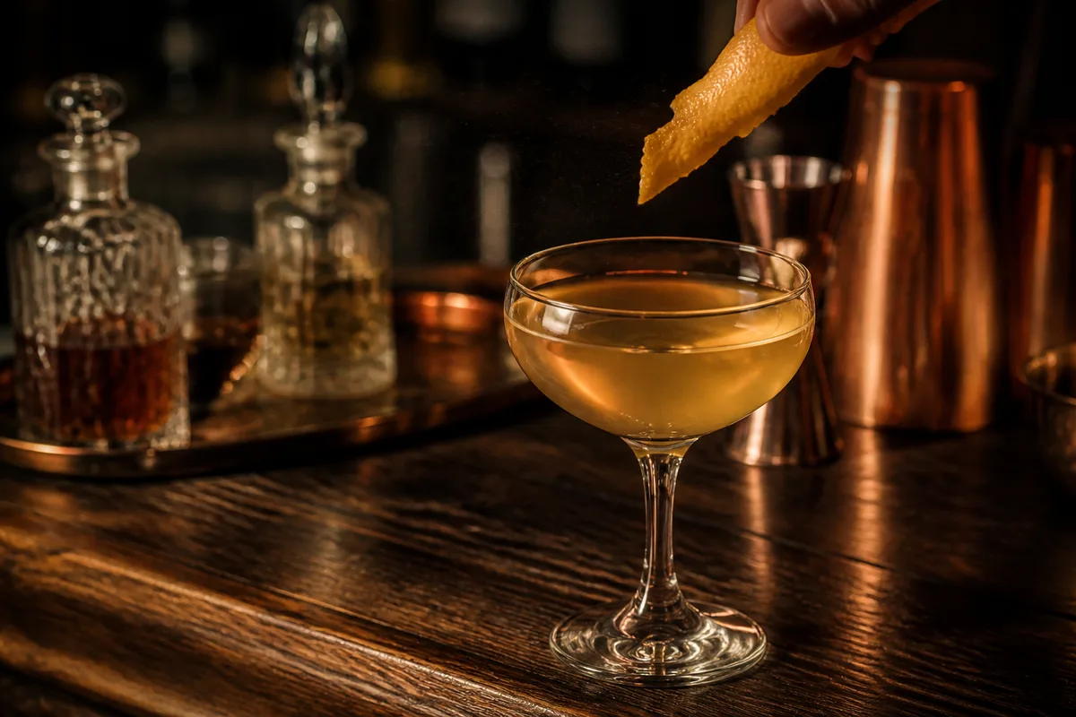 Coupe à cocktail remplie et zeste d’agrume prêt à être pressé