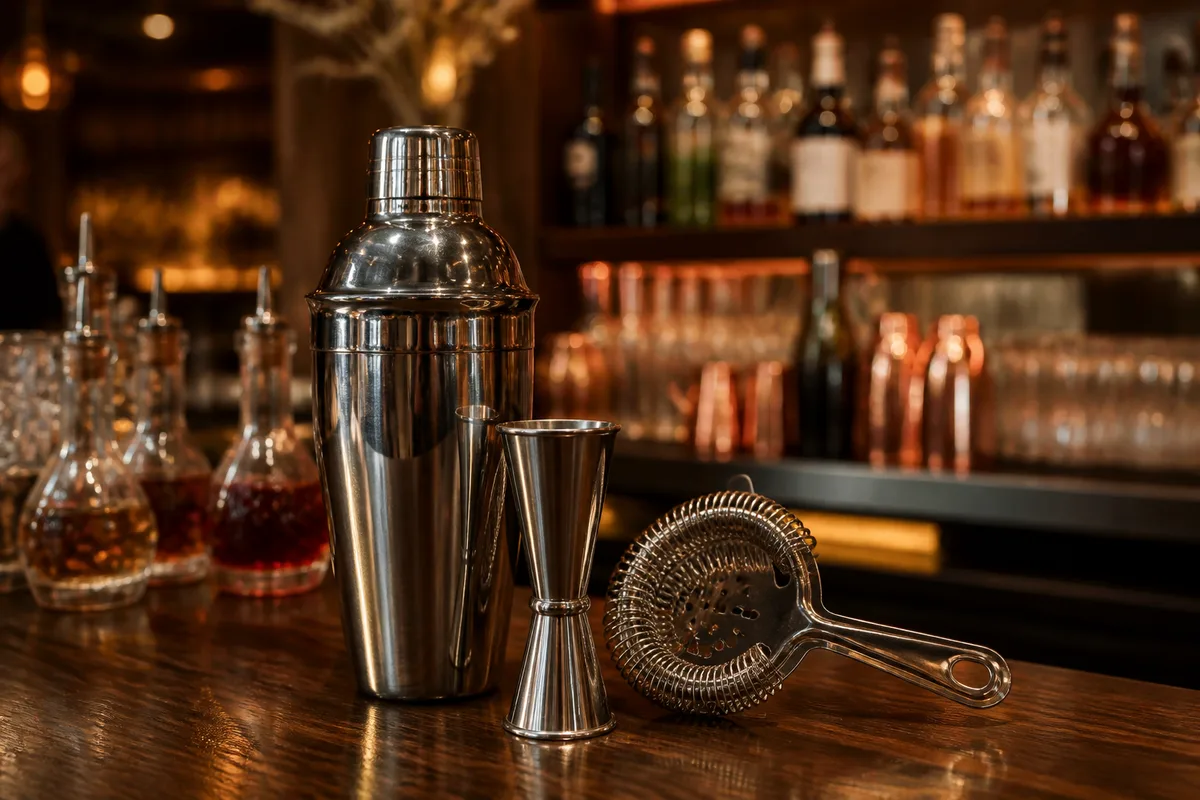 Ustensiles de barman posés sur un plan de travail, shaker, jigger et passoire