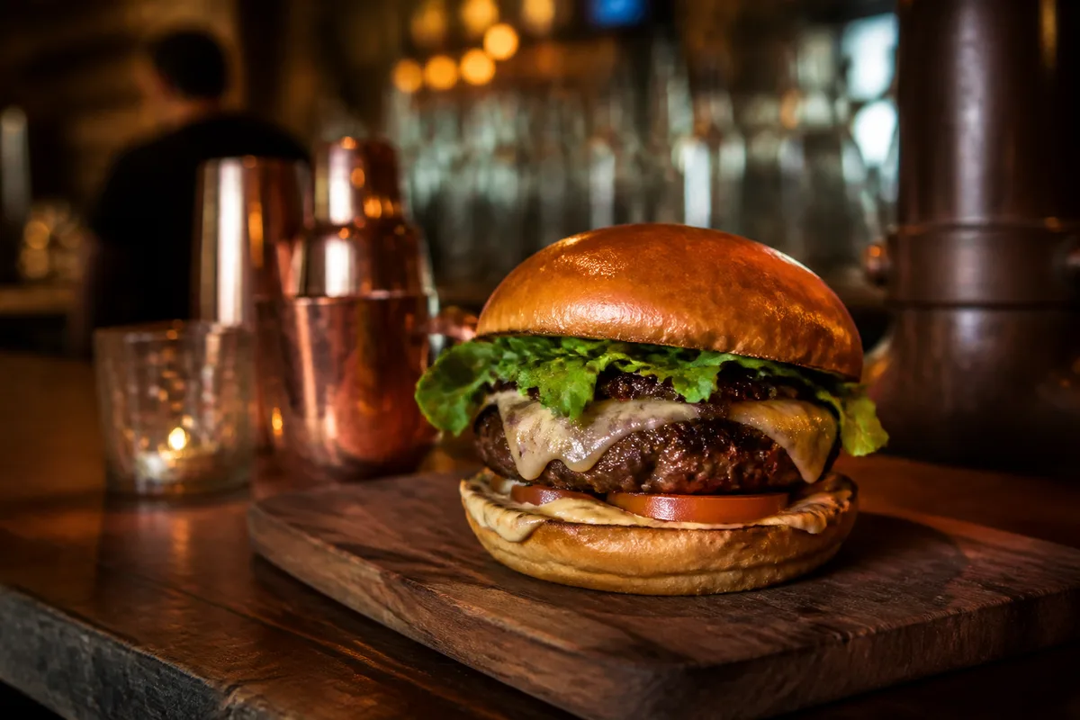 Burger maison au pain brioché doré posé sur une planche en bois