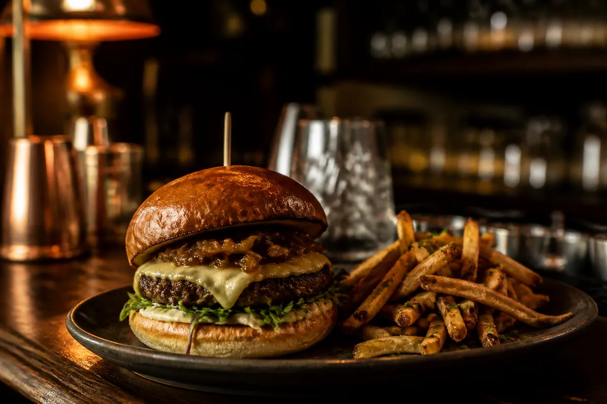 Comptoir de restaurant avec assiette de burger et frites maison