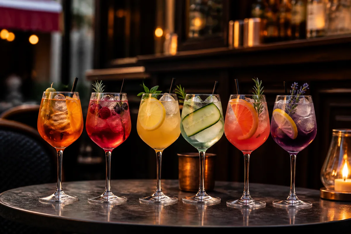 Plusieurs variantes de spritz colorés alignés sur une table en terrasse